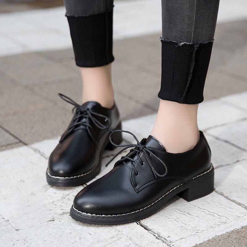 Maogu Oxford Shoes Woman Casual Lace Up Flats Female Creepers Ladies Leather Shoe Black Low Heel Women Flats New British Style