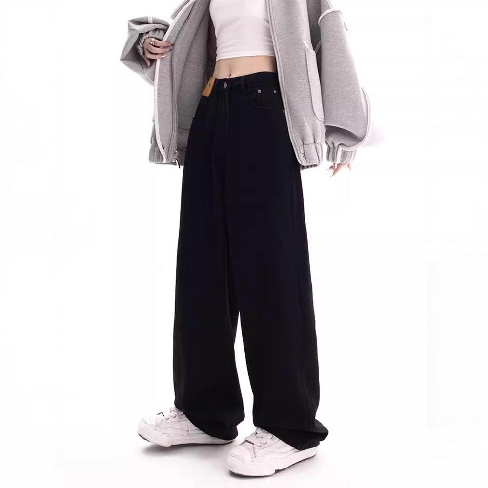 Plus Size Black Fleece-Lined Denim Pants for Women - Autumn/Winter High Waist Wide Leg