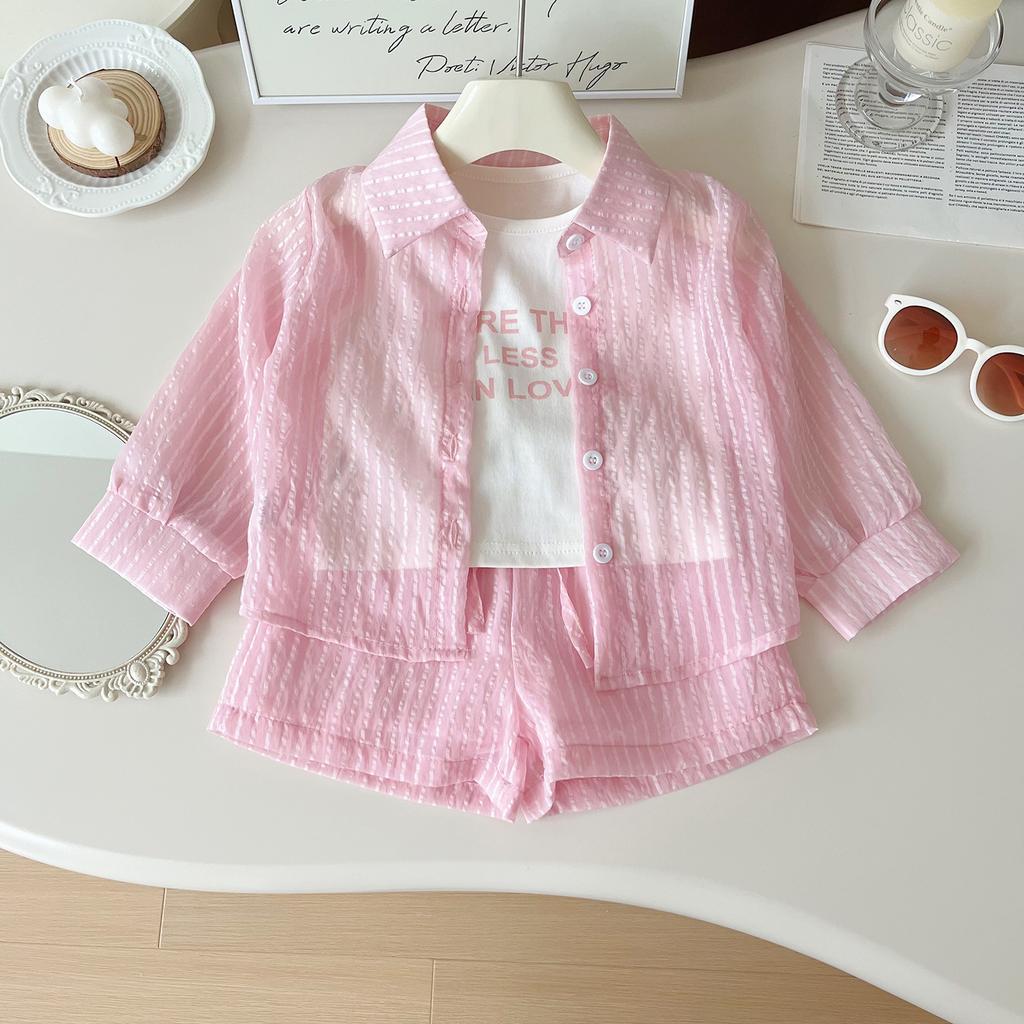 Sommer Mädchen Sonnenschutz Set Gestreiftes Langarmshirt+Weste+Shorts Anzug für 2-10 Jahre Kinder Mode Sonne UV-Schutz 3-teiliges Outfit