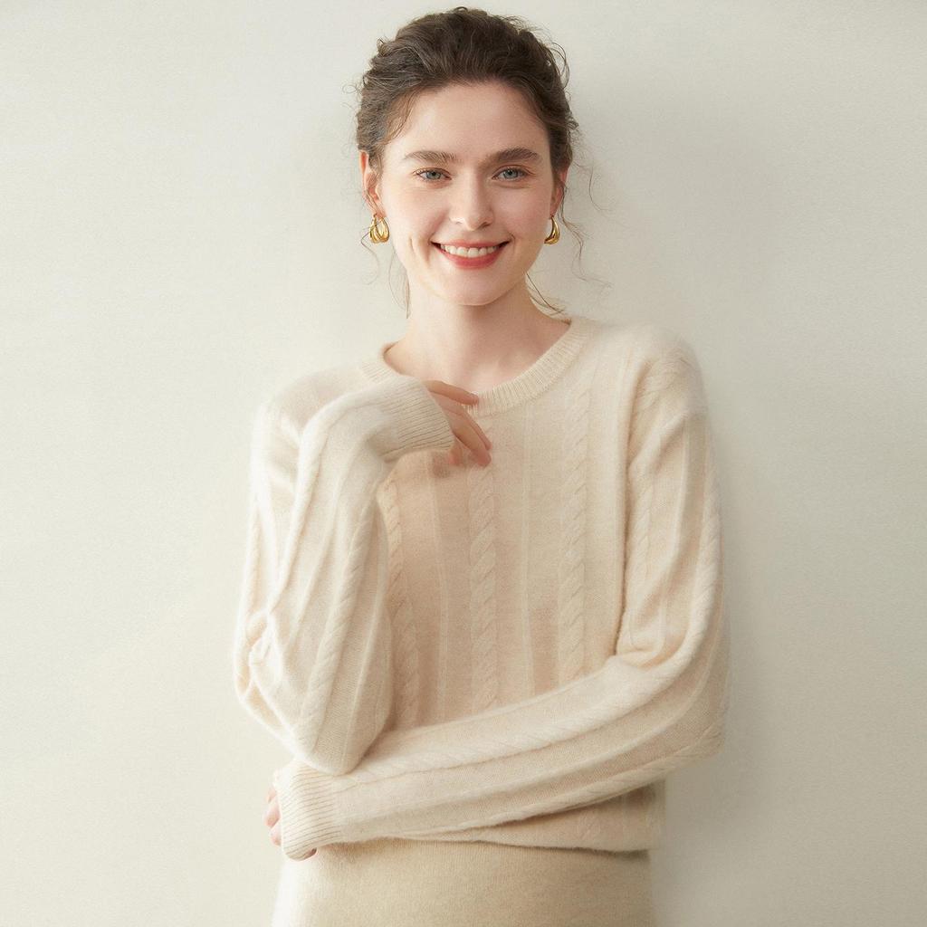 Women's Solid Color Cashmere Pullover: Round Neck, Seven-Stitch Cable Knit, Comfortable and Gentle Style, Warm Base Layer Sweater.