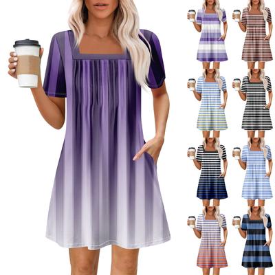 Women's Summer Casual Square Neck Pleated Front With Pocket Printed Short Sleeve Dresses
