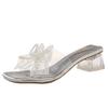 Transparent high-heeled cool slippers female 2025 summer new fairy wind beaded lace bow square head thick-heeled sandals