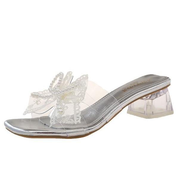 Transparent High-heeled Cool Slippers Female 2025 Summer New Fairy Wind Beaded Lace Bow Square Head Thick-heeled Sandals
