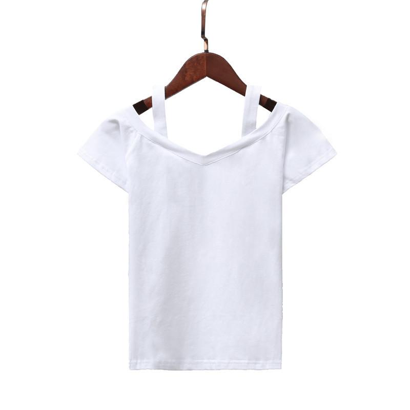 Chic Summer Black Sweet Shoulder Suspender Short Sleeve T-Shirt Women's Shoulder Sexy Top Collarbone
