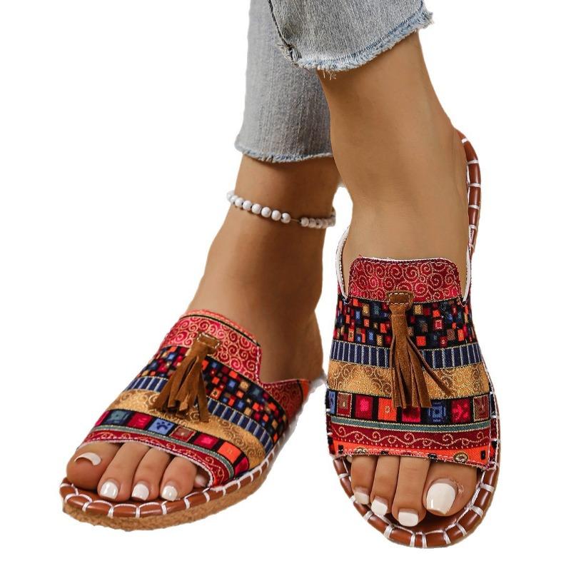 New Bohemian tassel flat-bottomed slippers women's outerwear celebrity style soft-bottomed beach cool slippers