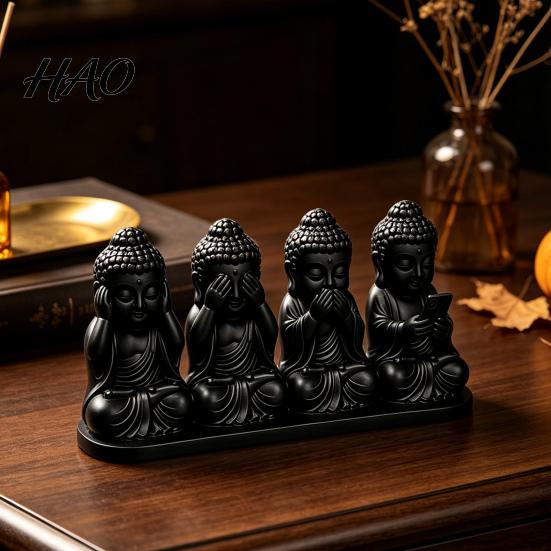 Artistic Tabletop Centerpiece 4-in-1 Mini Buddha Statue, See Hear Speak No Evil And Phone, 3D Printed Trendy Office Gadgets Zen Monk Feng Shui
