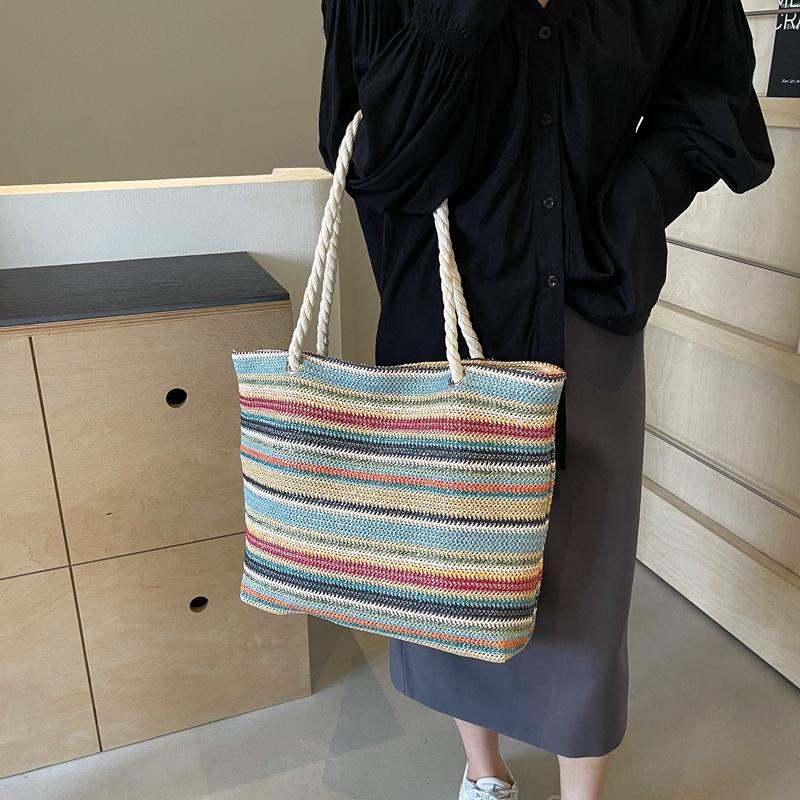 Korean Style Color Block Straw Braid Tote: Trendy Summer 2024 Women's Casual Shoulder Bag