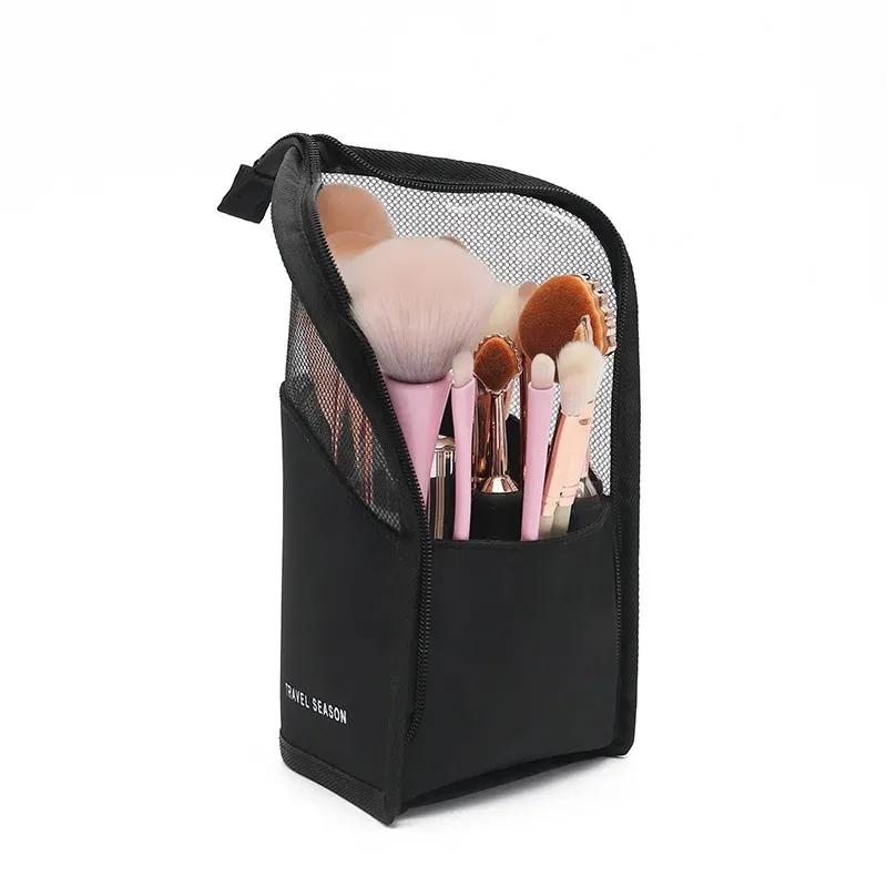 Make-up-Pinsel-Etui, Make-up-Pinselhalter, wasserdichte Reise-Kosmetiktasche, faltbarer Stand-up-Make-up-Becher mit Reißverschluss (Schwarz + Pink)