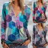 Elegant Ladies Print Pullover Blouse Shirt With V Neck And Zipper For Casual Wear