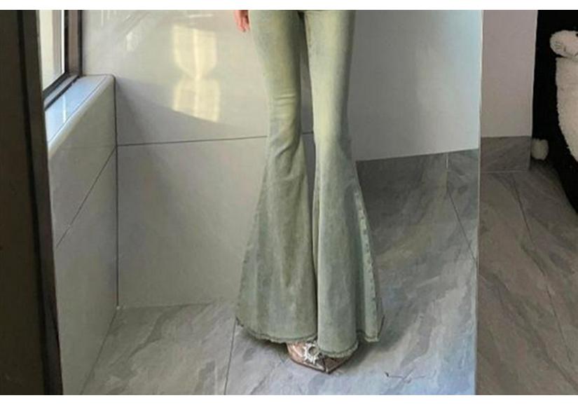 Women's High-Waisted Fishtail Flare Denim Pants - Elastic, Washed, Raw Hem, Versatile Style