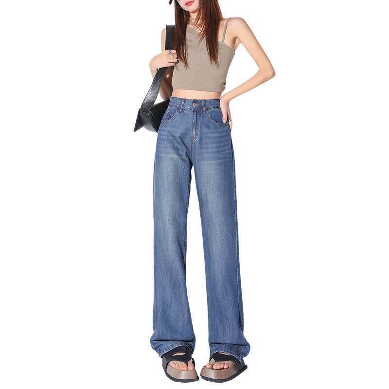 Women's Summer High Waist Tencel Denim Jeans - Retro Nostalgic, Floor-Length, Straight, Loose Fit, Ice Silk, Thin.