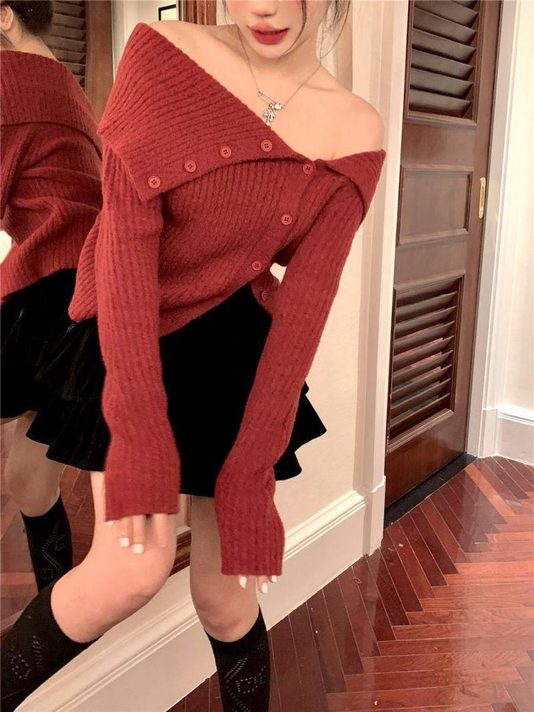 Korean Style Off-Shoulder Knit Cardigan - Women's Autumn/Winter Slim Fit Sweater with Turn-Down Collar