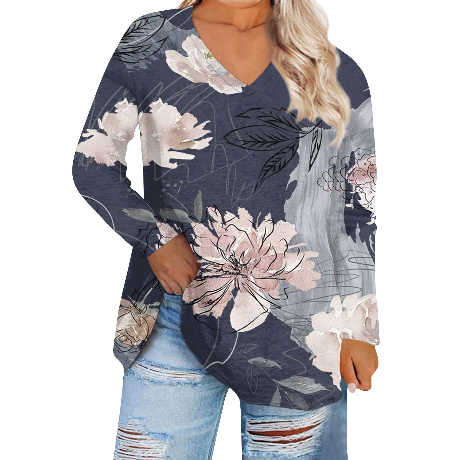 

Женский топ большого размера с v-образным вырезом, повседневные свободные удобные футболки с длинными рукавами с принтом, топы XXL