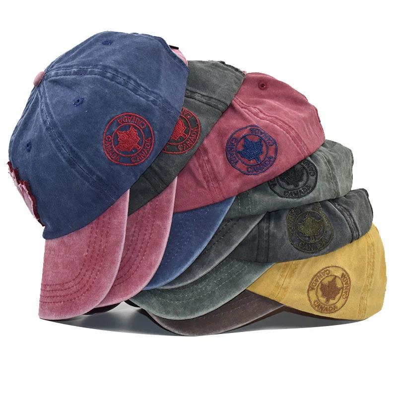 Berretto vintage unisex in cotone lavato Canada Berretto da baseball ricamato con foglia d'acero grande Cappelli sportivi da esterno per uomo e donna