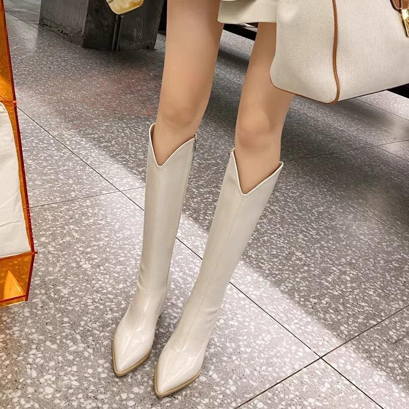 2025 Herbst V-Ausschnitt spitze Zehen hohe Absätze dicke Beine großer Schaftumfang Samtstiefel hohe Stiefel Ritterstiefel weiße Stiefel