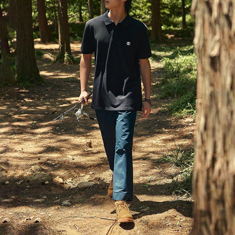 Timberland Logo Collared Casual Loose Fit Short Sleeve Polo Shirt Men Polo Shirts Black A24H2-001