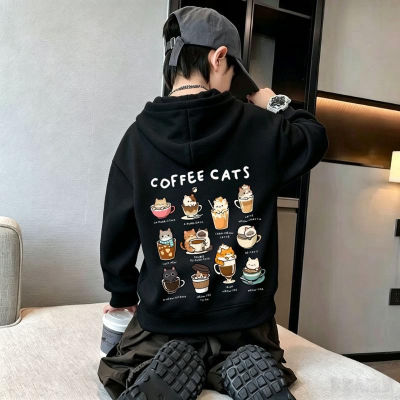 Y2K Kids Hoodie Sweatshirt Autumn Winter Cute Cartoon Coffee Cats Graphic Print Casual Loose Long Sleeve Tops