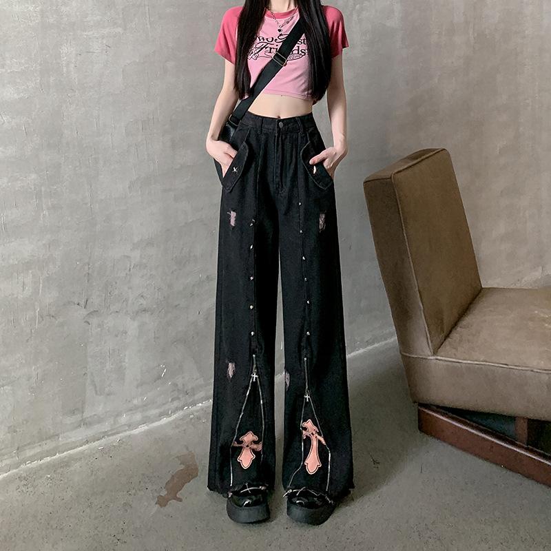 Autumn Women's Fashion Casual Retro Embroidery Loose Straight Pants