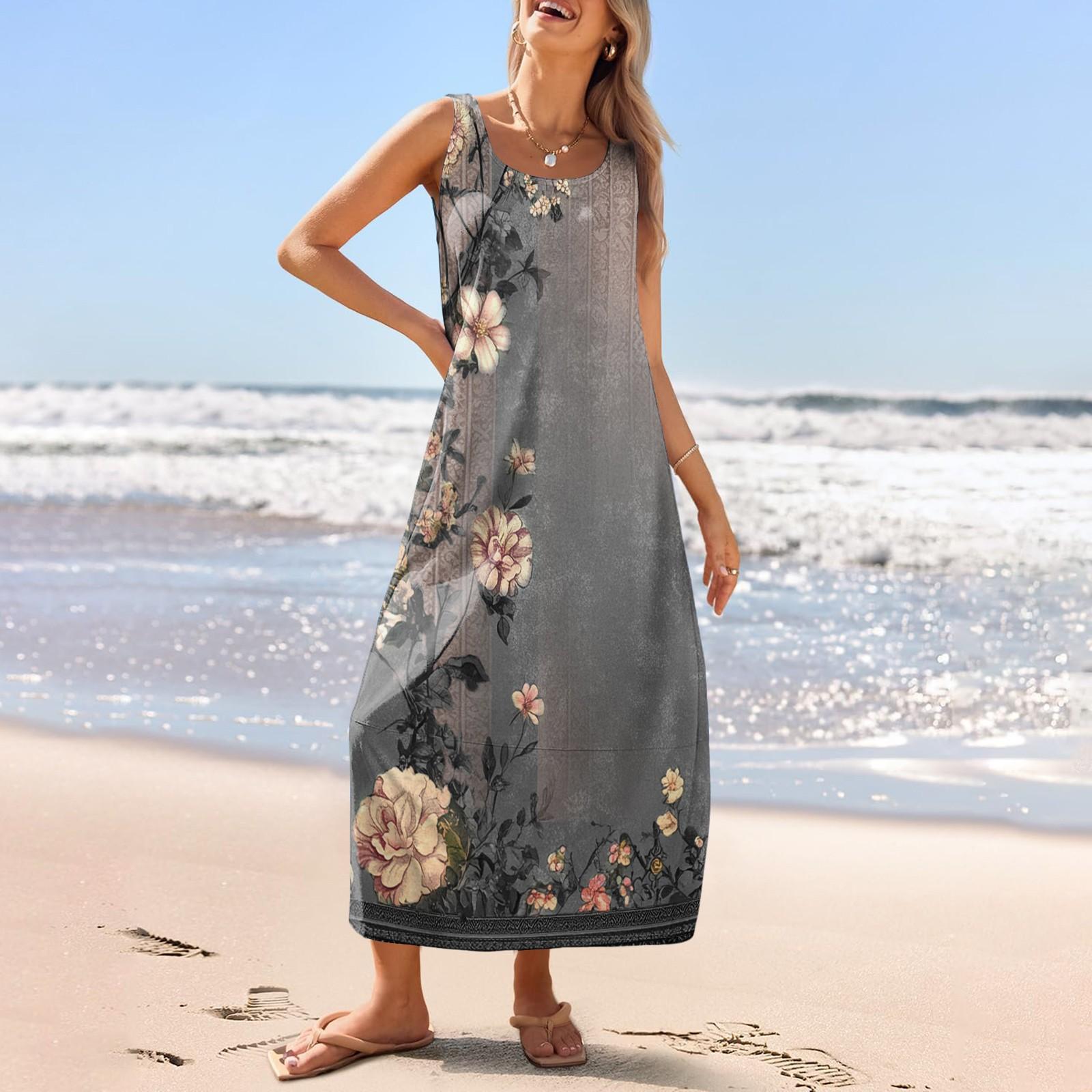Lässiges langes Sommerkleid für Damen, Sommer-Strandkleid, Rundhalsausschnitt, ärmellos, lockeres Sommerkleid L
