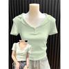 Cotton Ribbed V-neck POLO Shirt Short-sleeved T-shirt Women's Summer Slim Fit with Short Pleated Waist Half-sleeved Top Tide