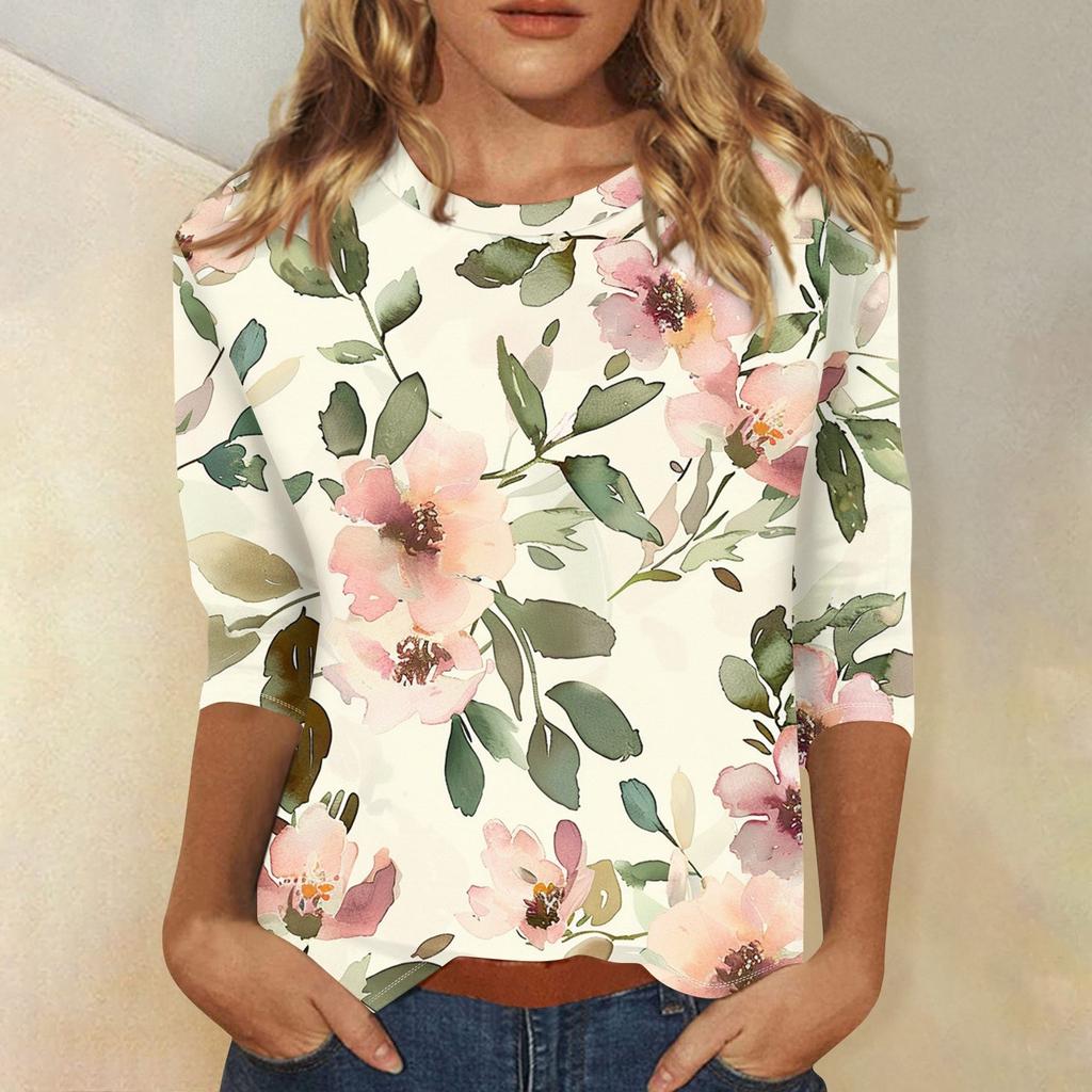 Damenmode Lässig Rundhals Bedrucktes 3/4 T-Shirt Top