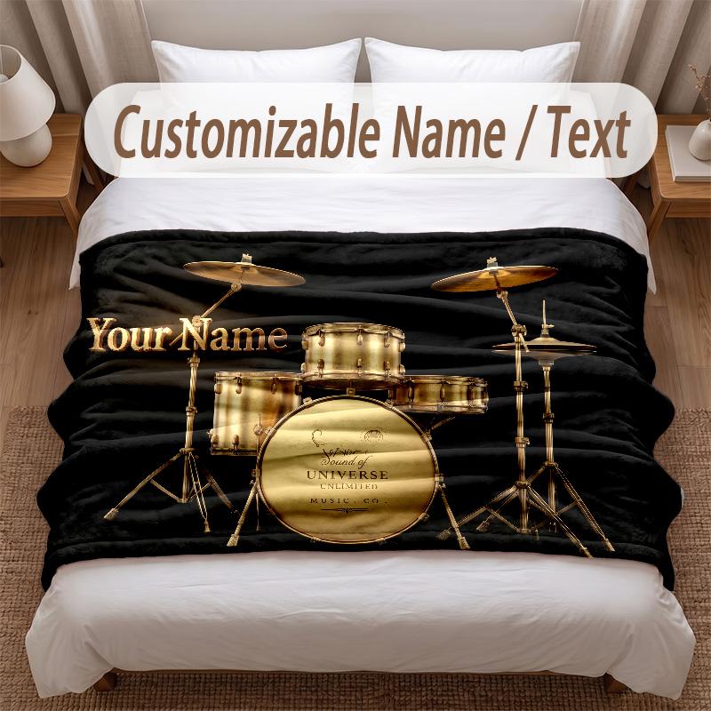 Music Drums Theme Soft Blanket Personalized Custom Name Text Print Warm Blanket Home Sofa Bedroom Decor