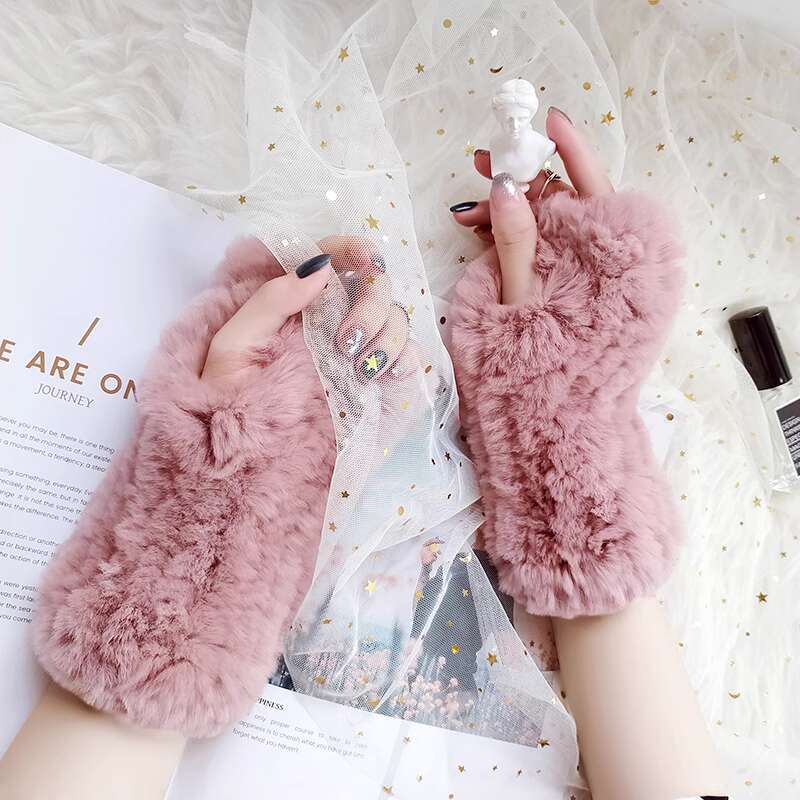

Half Finger Fur Gloves Winter Female Rex Rabbit Fur Exposed Fingers Warm Thick Fingerless Plush Gloves Fashion Real Fur Gloves Length20cm