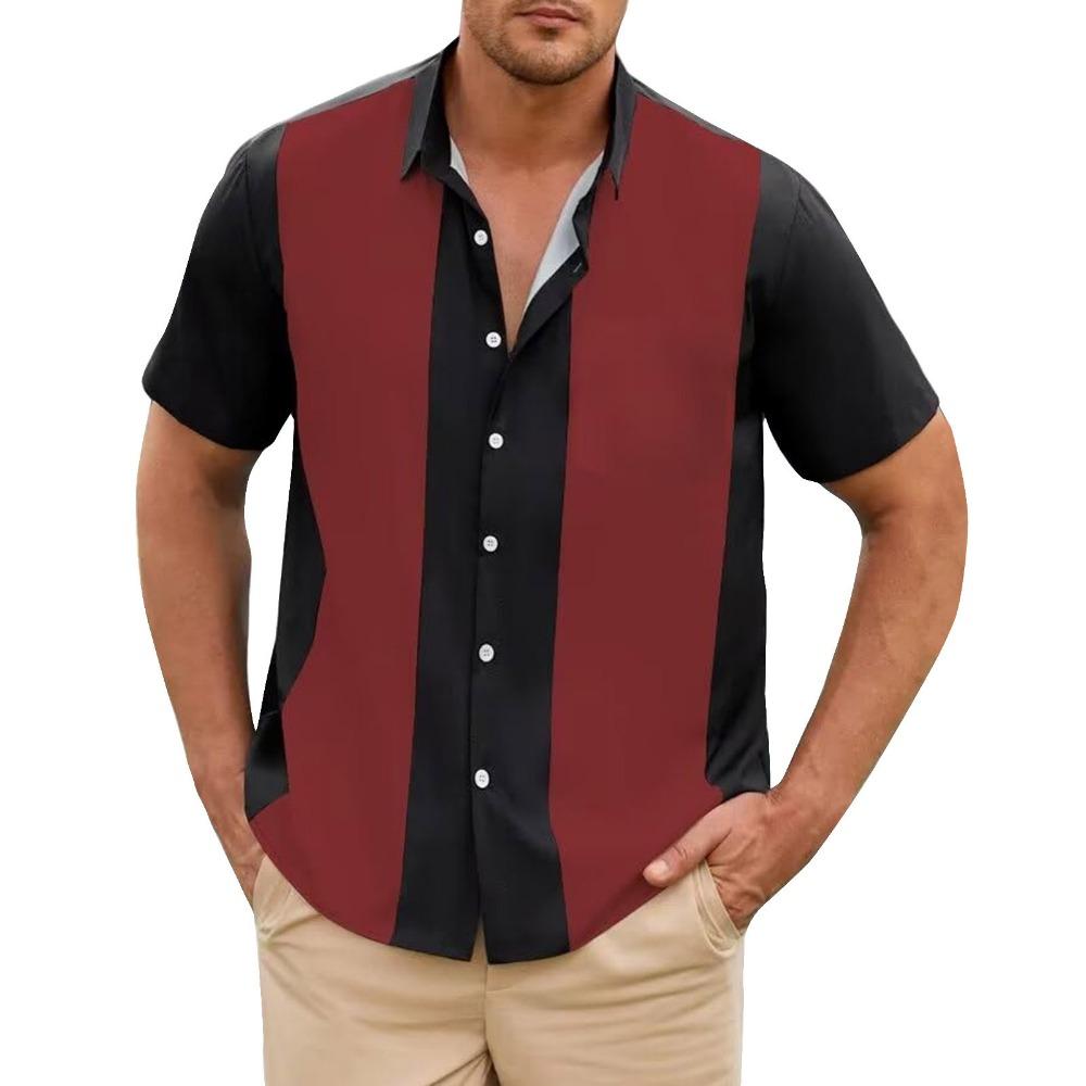 Fashion Business Stripped Splicing Shirt For Men Vintage Casual And Versatile Button Down Bowling Short Sleeve Summer T-Shirt