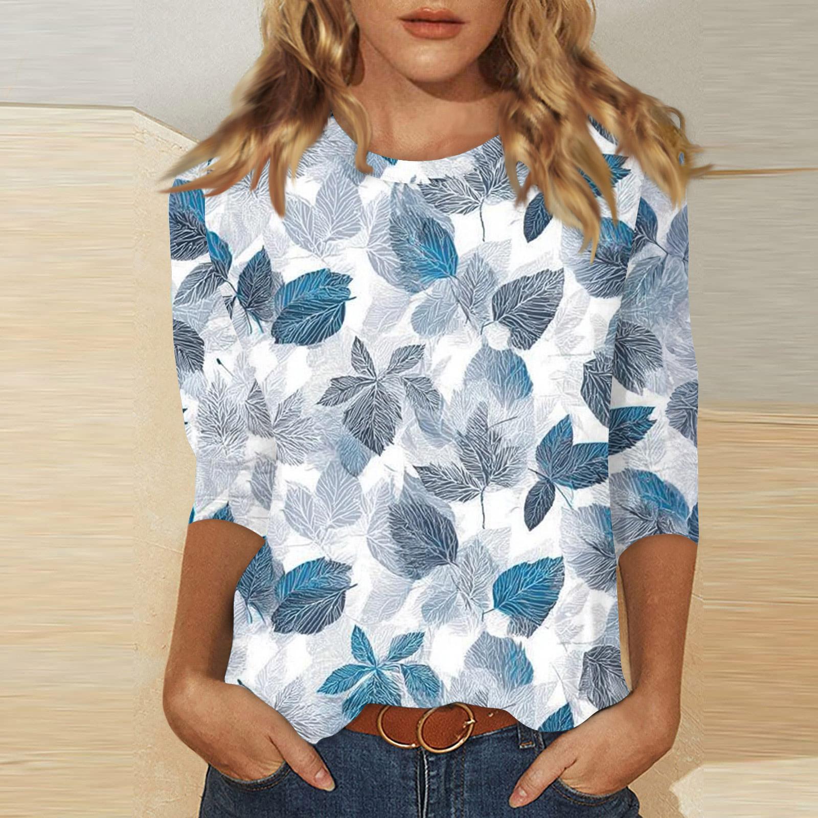 Women s Fashionable Casual Three Quarter Sleeve Printed Round Neck Top L синий