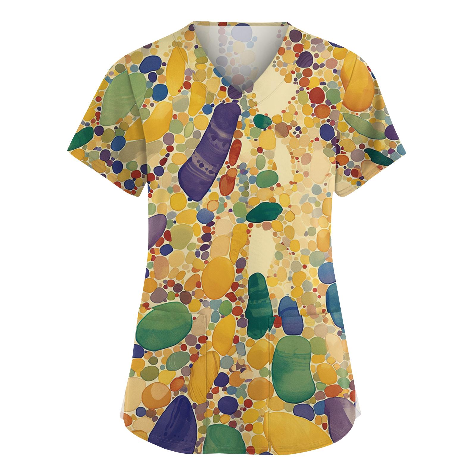 

Women s Fashionable V-neck Workwear Printed Short Sleeved Pocket Side Slit Workwear Basic Pullover Top L