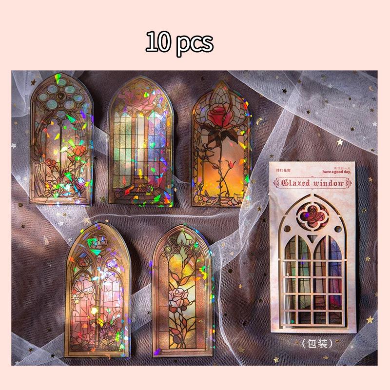 10pcs Large size Flowers Window Stickers Gold Foil Decor Junk Journal DIY Srapbooking Collage Stationery PET Twinkle Stickers