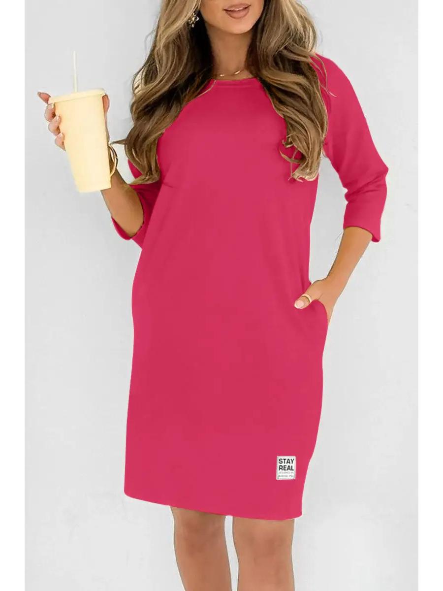 

2025 Summer Women s Solid Color Long Sleeve Loose Casual Dress with Round Neck S красный