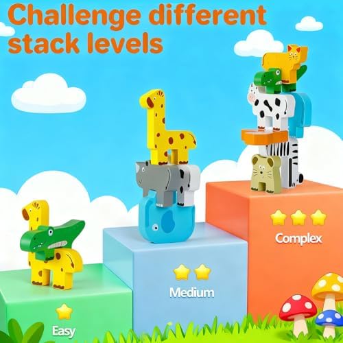 NTEVXZ 20 Pcs Wooden Animal Stacking Toys, Colorful Stacking Blocks, Educational Learning Toys with Storage Bag for Toddlers Kids