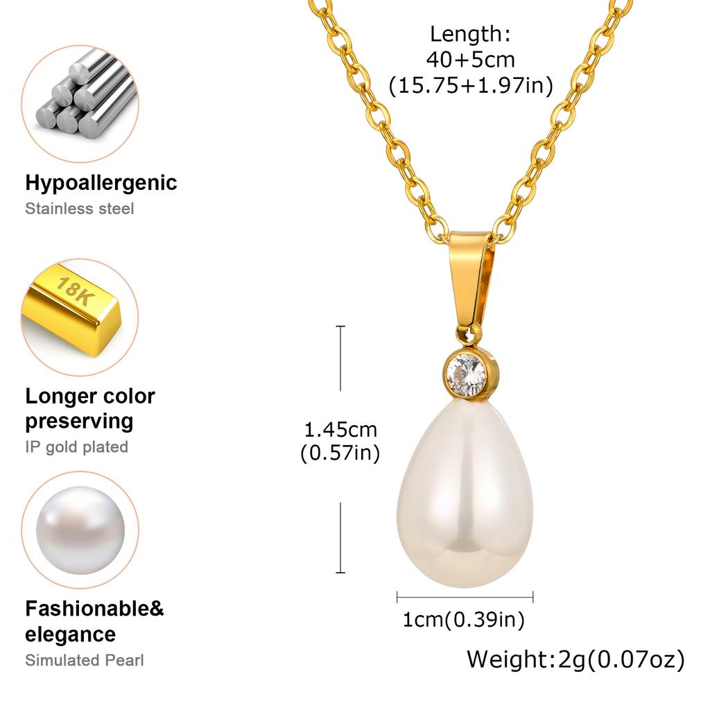 Exquisite Zircon Imitation Pearl Pendant Necklace for Women,Gold Color Stainless Steel Water Drop Necklaces,Fashion Jewelry Gift