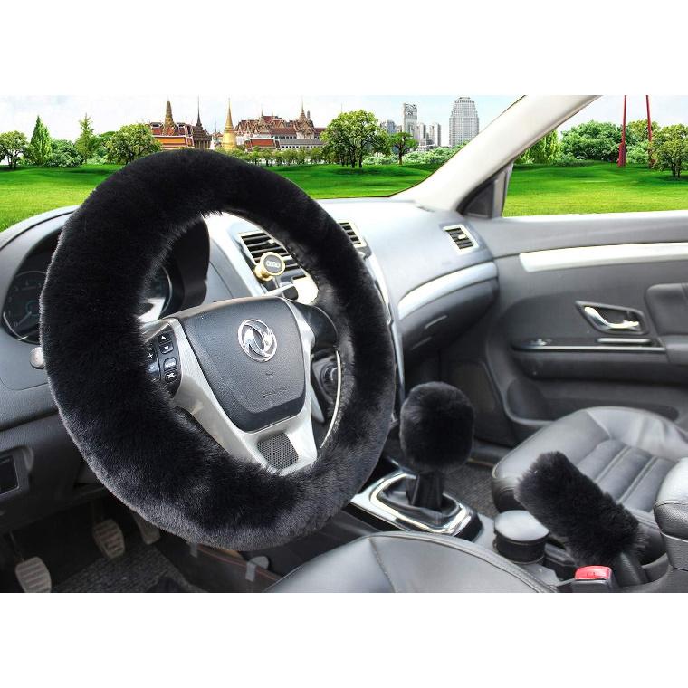 Pinbola 5Pcs In 1 Set Faux Wool Steering Wheel Cover Soft Fluffy Handbrake Cover & Gear Shift Cover & 2Pcs Seat Belt Shoulder Pads Warm Universal Fit