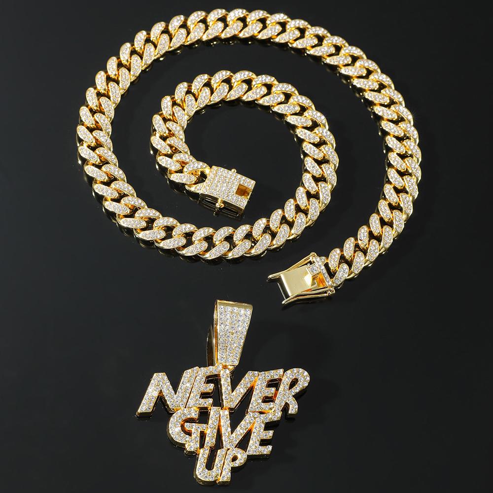 New Men Hip Hop NEVER GIVE UP Pendant Necklace Crystal Cuban Chain HipHop Iced Out Bling Necklaces Fashion Charm Women Jewelry