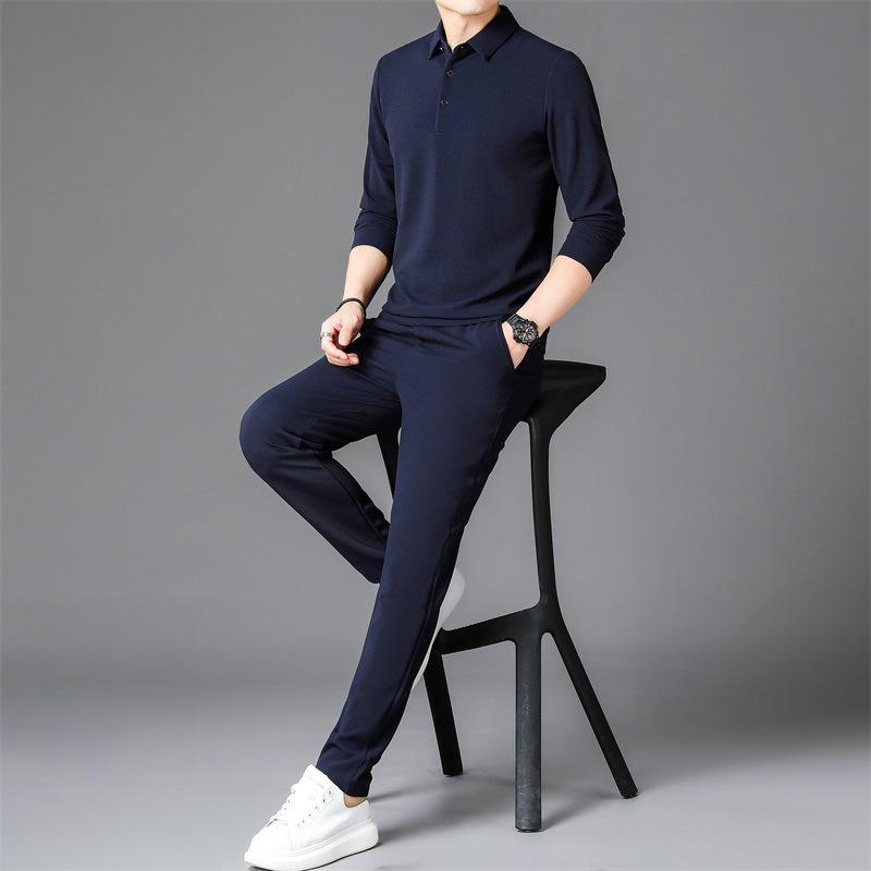 

Осенний новый мужской костюм, спортивная повседневная осенняя одежда, однотонный мужской костюм из двух частей с длинным рукавом и лацканами для среднего возраста 4XL темно-синий
