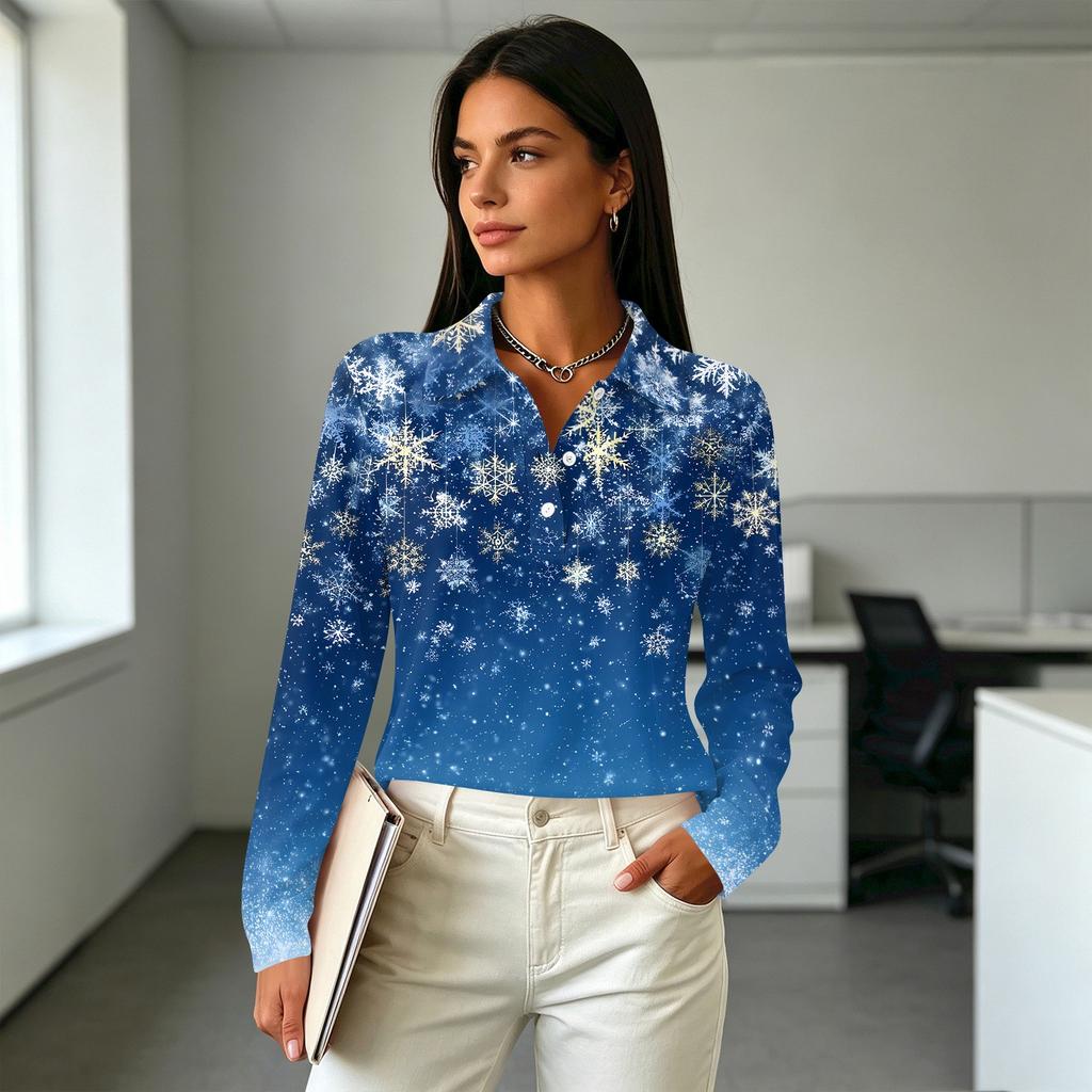 Women's Casual Long Sleeve Christmas Print Button Front Top with Collar and Side Slits