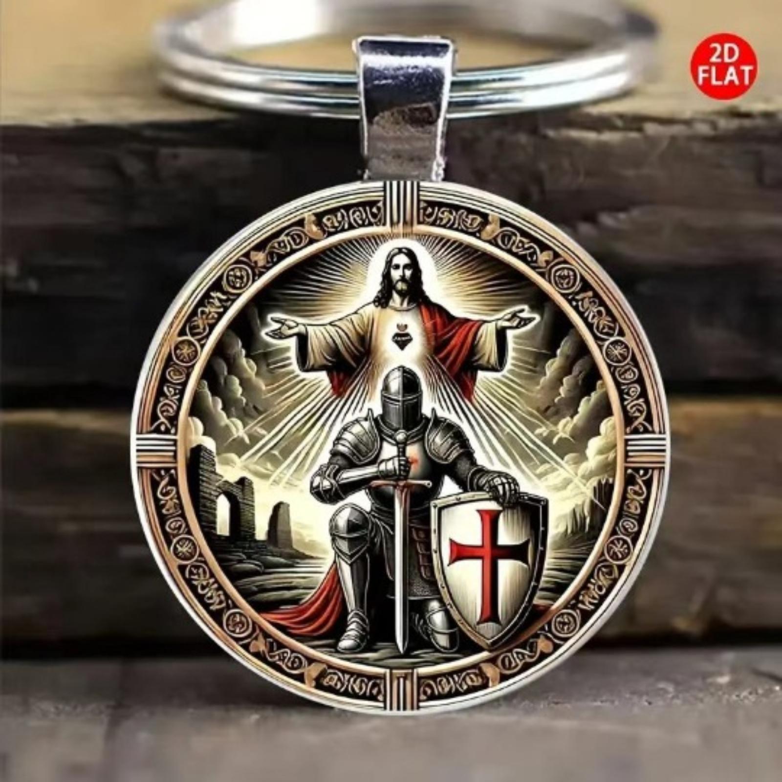 

Round Alloy Keychain Pendant with Medieval Knight and Sacred Figure Engraving Metal Key Ring for Bag Car Home Accessories One Size