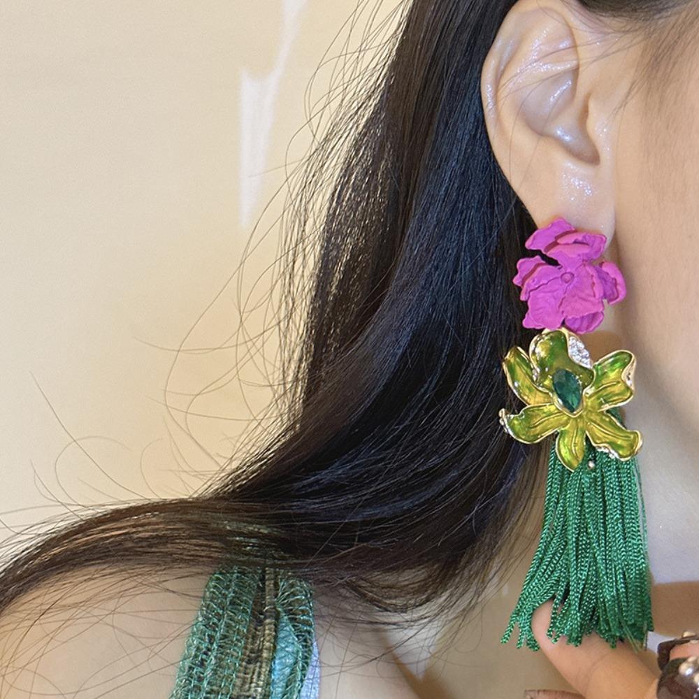 Tassel Flower Drop Earrings Rhinestone Sweet  Earrings Trendy Bohemian Earrings Women  Gift