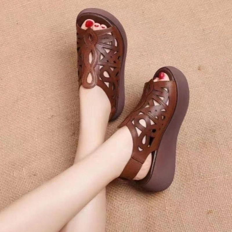 Fashion Comemore Women's Wedge Sandals 2025 Summer Shoes Platform Casual Hollow Peep Toe Female Ladies Shoes Brown Retro Sandales Femmes