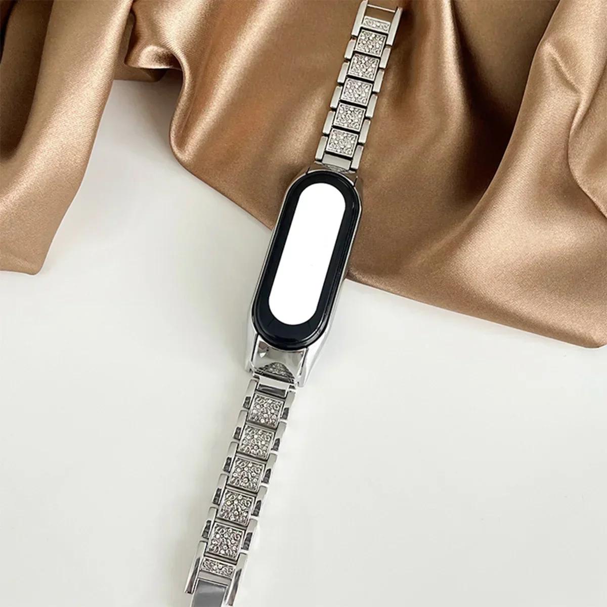 

Металевий ремінець для Xiaomi Mi Band 9 8 7 6 5 4 3 Браслет Розкішний Блискучий Повністю Діамантовий З Нержавіючої Сталі Ремінці для Годинника Аксесуари For Mi Band 7 срібний