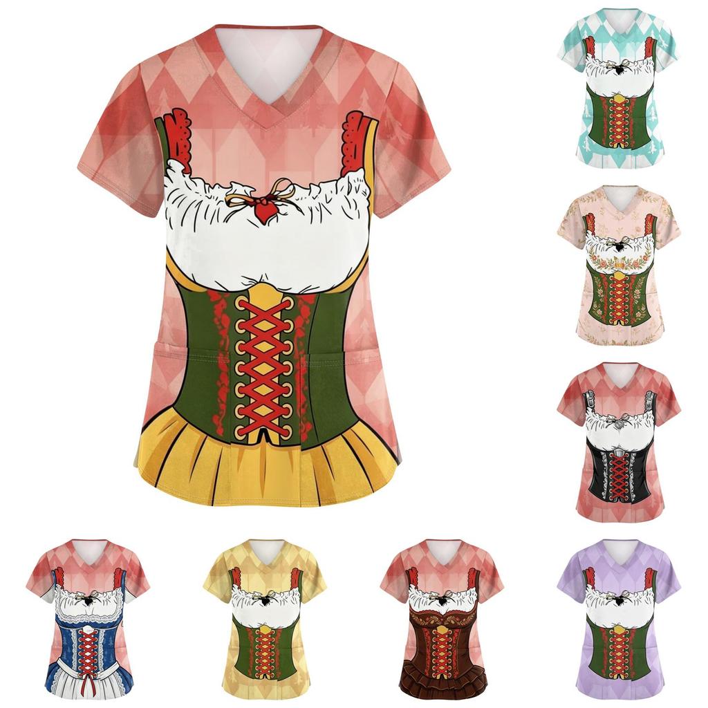 Women's V Neck Short Sleeve Work Shirt with Pockets Oktoberfest Print Medical Scrub Top Nursing Uniform Tee for Healthcare Professionals