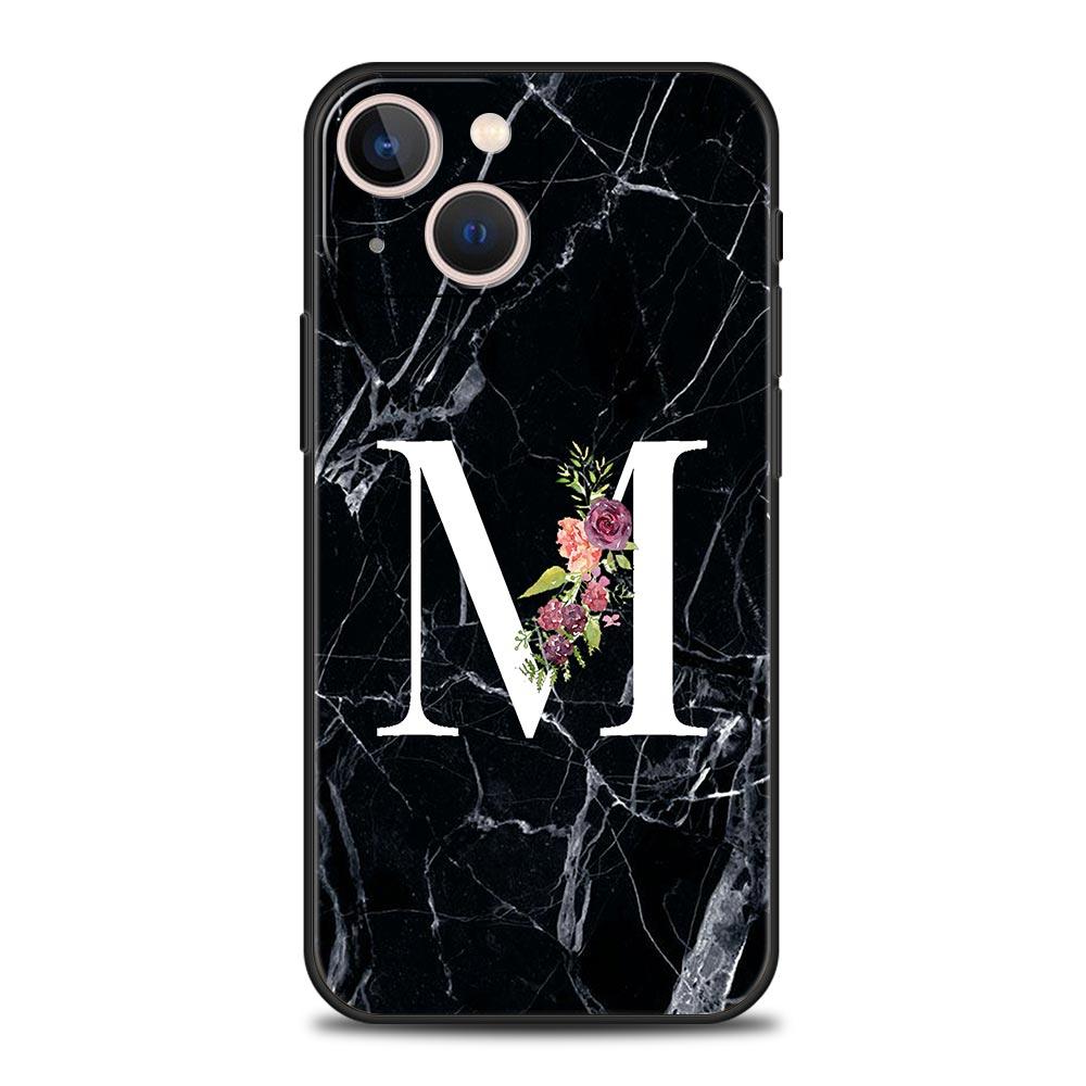 Letters Flower English Marble Phone Case For iPhone 17 16 15 Pro Max 11 12 13 14 7 8 Plus SE 2020 X XR XS Cover Soft Black