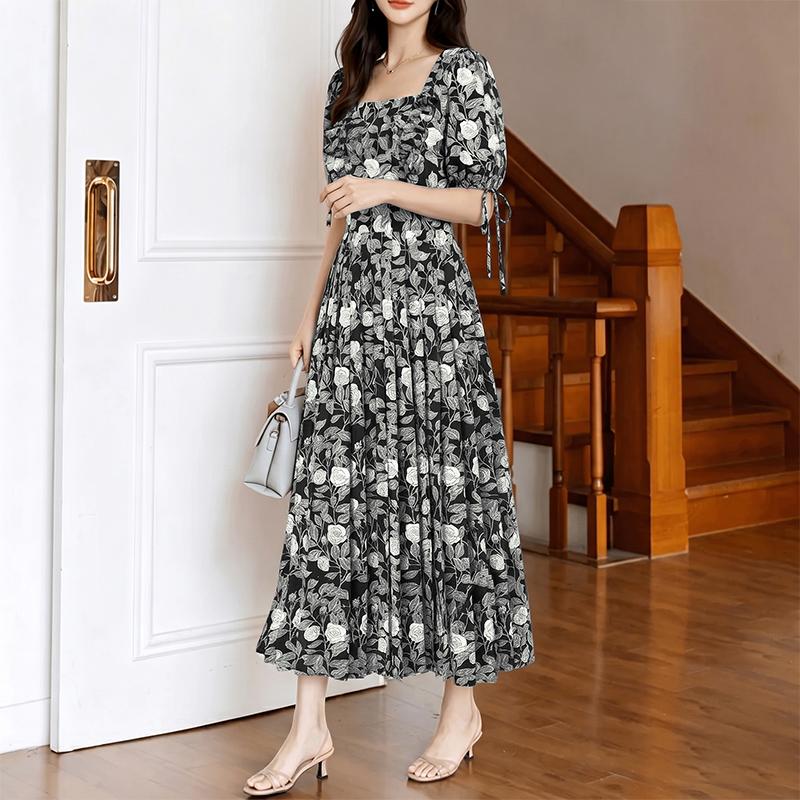 

ZANZEA Women Square Collar Loose Casual Floral Print Short Sleeve Dress 2XL чорний