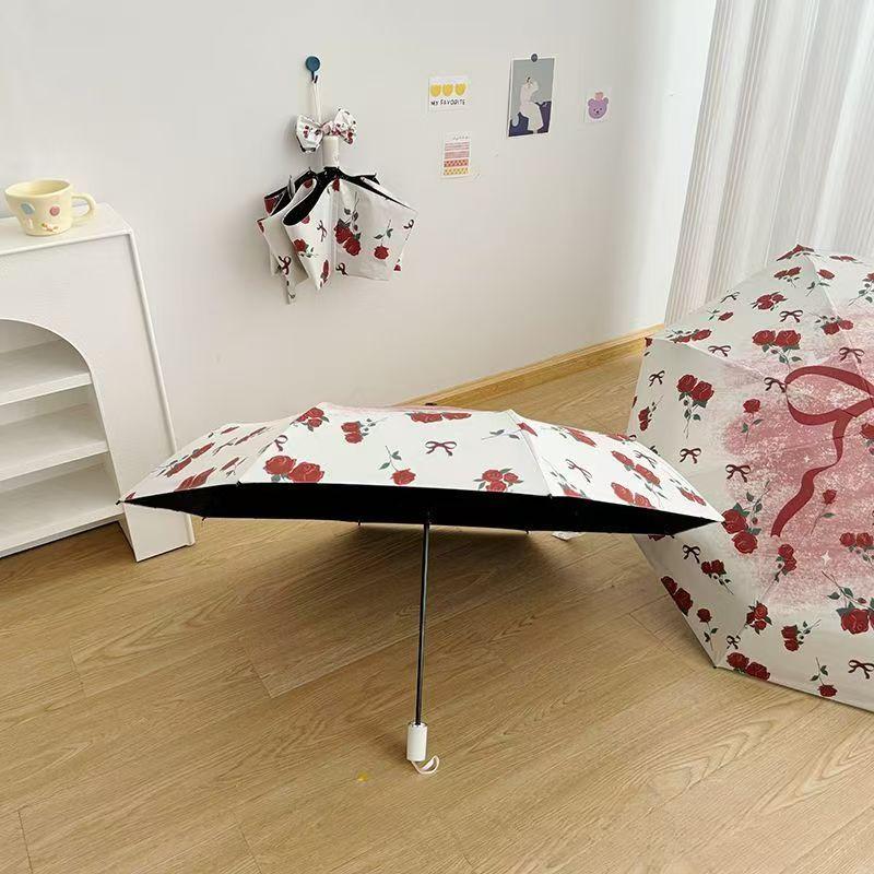 Women, UV protection for sun shading, dual use for sun and rain,  3 folding umbrellas Bow, flower patterned umbrella