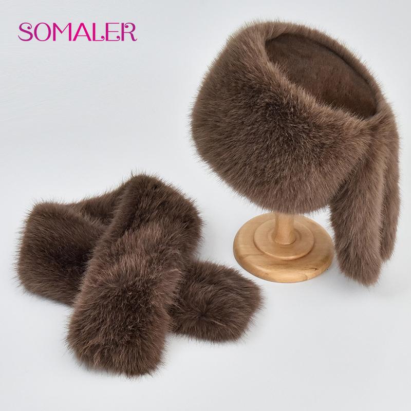 

SOMALER зимняя шапка из искусственного меха, комплект шарфов, теплые женские кепки с плоским верхом и двумя хвостами, шапки, шарфы коричневый