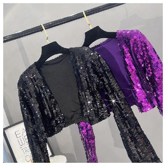 Small suit women's 2024 new heavy industry sequined temperament cardigan casual short sparkling typhoon jacket top
