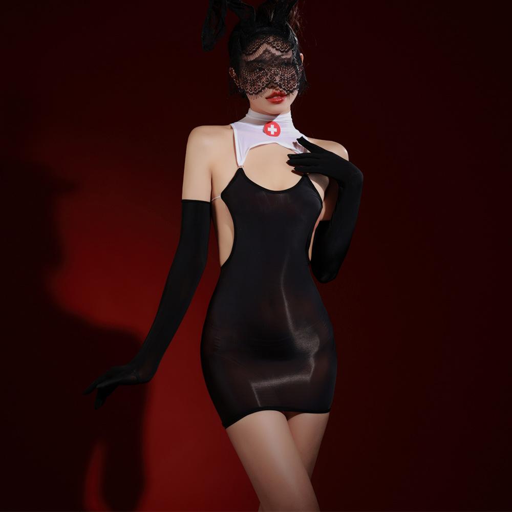 Women Sexy Ultra-Thin Bodysuits Cosplay Nurse Uniform Erotic Lingerie Oil Shiny Buttocks Skirt Stockings Gloves Smooth Jumpsuits