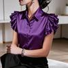 Camicia da Donna con Collo a Revers e Volant Manica Corta Monopetto Top Camicia Colore Puro Liscio Raso Top Camicia per Uso Quotidiano